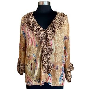 Vintage Y2K Agora Ruffle Sequin Blouse MED Boho Fairy Grunge Whimsigoth Leopard